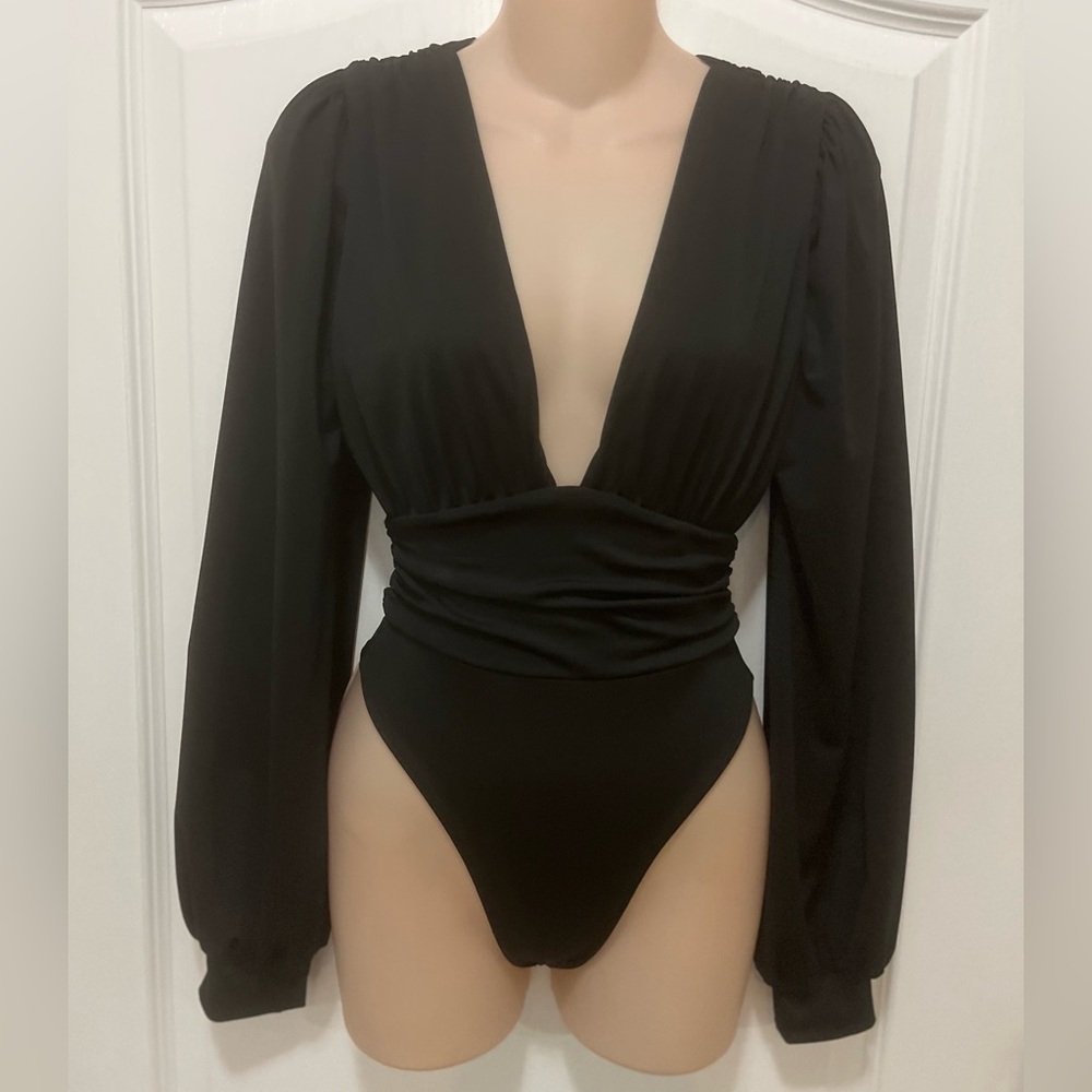 Women's Black Deep V Long Sleeve Bodysuit - Picture 2 of 11